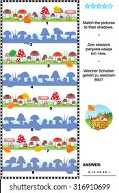 Visual puzzle or picture riddle: Match the pictures of mushrooms rows to their shadows. Answer included.
