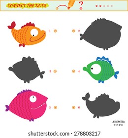 Visual puzzle or picture riddle. Shadow Matching Game. Connect the dots picture. Puzzle for kids. Answer included.