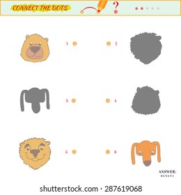 Visual puzzle or picture riddle. Shadow Matching Game. Connect the dots picture. Puzzle for kids. Answer included.