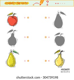 Visual puzzle or picture riddle. Shadow Matching Game. Connect the dots picture. Puzzle for kids. Answer included. different fruit. Educational game for kids