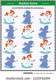 Visual puzzle or picture riddle with skating snowmen: Can you find the shadow for each picture? Answer included.