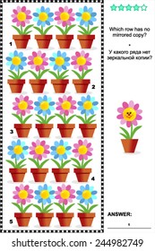 Visual puzzle with potted flowers: Which row has no mirrored copy? Answer included. 