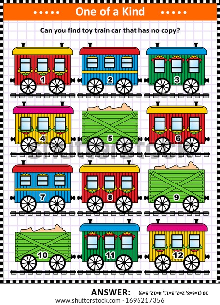 Visual puzzle with retro\
railroad cars: Can you find toy train car that has no copy? Answer\
included.