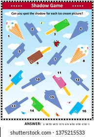 Visual puzzle or shadow game: Can you spot the shadow for each ice cream picture? Answer included.