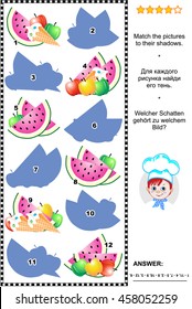 Visual puzzle or shadow game: Match the pictures of apples, ice cream and watermelon slices to their shadows. Plus same task text in Russian and German. Answer included.
