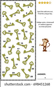 Visual puzzle: Spot the odd one out. Find the unique decorated key. Answer included.
