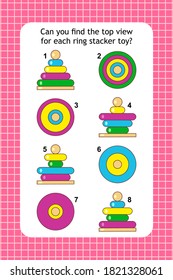 Visual puzzle with top view of colorful ring stacker toys. Spacial reasoning skills training.
