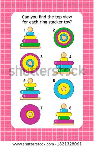 Visual puzzle with top view of colorful ring stacker toys. Spacial reasoning skills training.
