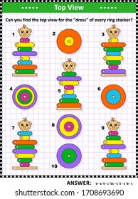 Visual puzzle with top view of ring stacker clowns: Can you find the top view for the "dress" of every ring stacker? Answer included.