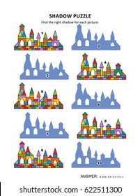 Visual puzzle with toy town buildings: Find the right shadow for each picture. Answer included.
