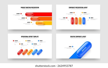 Relatório Visual 3 4 5 1 Elemento Infográfico Slide Template Collection. Business Briefing Three Four Five One Step Diagram Frame Layout Vetor Illustration Set (Conjunto de ilustrações de vetor de layout de diagrama de uma etapa).