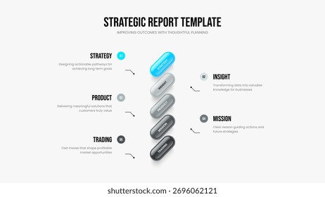 Visual Report Slide Design Vector Illustration. Creative Portfolio 5 Step Infographic Frame Layout. Professional Growth Five Element Diagram Presentation Template.