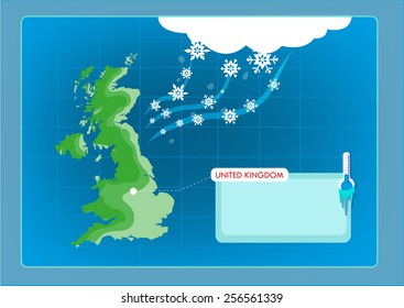 A visual report template of a Blizzard Warning for United Kingdom or UK with thermometer that shows below zero degrees, map and visual snowstorm graphic. Editable Vector EPS10 Illustrator.