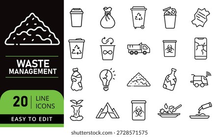 Una representación visual de 20 iconos de arte de línea distintos relacionados con la gestión de residuos y los conceptos de reciclaje, perfecto para proyectos de diseño.
