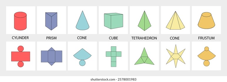 Visual representation of 3D geometric shapes and their corresponding nets. Minimalist design on a white background. Concept of geometry and math. Vector illustration