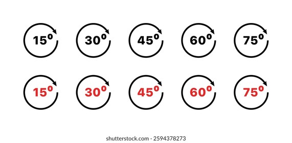 Visual representation of angles with rotational arrows in degree measurements. Vector icon