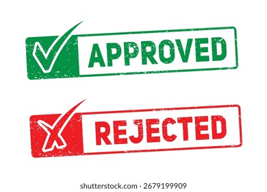 Representación visual del Estado de Aprobación y rechazo con sellos de sellos de colores distintos y marcas gráficas correspondientes. Perfecto para procesos de toma de decisiones e indicadores de flujo de trabajo.