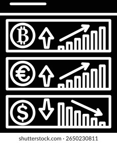 Visual representation of Bitcoin, Euro and US Dollar market trends vector icon solid style.  Shows growth and decline using charts.