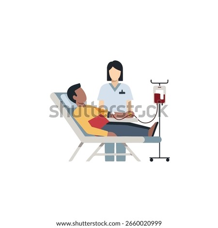a visual representation of blood donation encompassing a patient receiving blood from a nurse at a clinic or hospital. The image depicts the medical process conveying health care