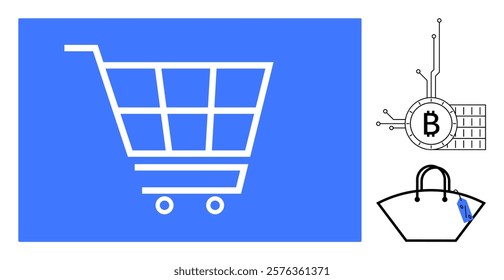 Visual representation of a blue shopping cart with a Bitcoin symbol connected by circuits and a bag. Ideal for online shopping, cryptocurrency transactions, e-commerce, modern technology, digital