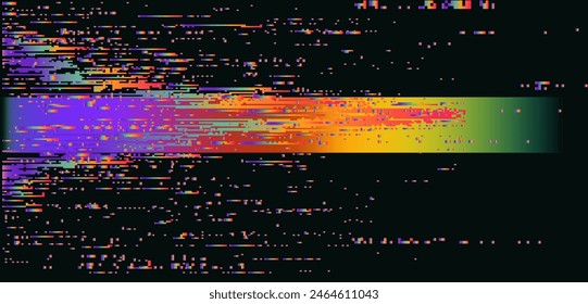 A visual representation of a broken glitchy VHS screen with vast vivid holographic stripes all over the image. Vector abstract illustration.