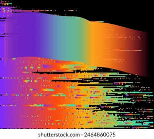 A visual representation of a broken glitchy VHS screen with vast vivid holographic stripes all over the image. Vector abstract illustration.