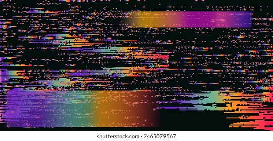 A visual representation of a broken glitchy VHS screen with vast vivid holographic stripes all over the image. Vector abstract illustration.