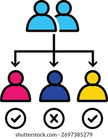 A visual representation of a business hierarchy, illustrating team structure and decision-making processes with clear approval and rejection indicators for each member. This graphic effectively convey