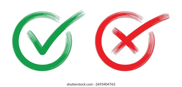 Visual representation of choices using a green check mark and a red X mark. Brush stroke style creates a hand-drawn feel. Ideal for illustrating approval disapproval or positive negative concepts.