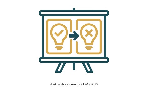 Visual representation of choosing between a good idea and a bad idea on a presentation board, symbolizing decision making and problem solving.
