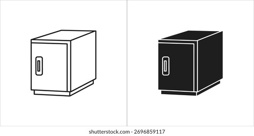 A visual representation of a compact storage unit, presented in both a clean line drawing and a solid black silhouette, perfect for design elements related to organization and security.