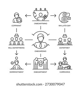 Representación visual de un proceso de incorporación corporativa con múltiples interacciones de departamento