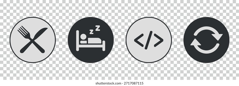 a visual representation of daily life activities including eating sleeping coding and recycling shown as simple black icons in circles