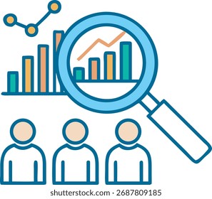 Visual representation of data analysis and business growth concepts. Features a magnifying glass over bar charts and line graphs, with stylized human figures suggesting team or customer focus.