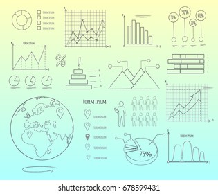 Visual representation of data in graphics templates with globe model, charts on coordinate systems and round diagrams vector illustrations set.