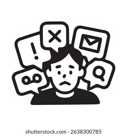 A visual representation of digital overload and information fatigue. The illustration depicts a person surrounded by notifications, emphasizing the feeling of being overwhelmed.