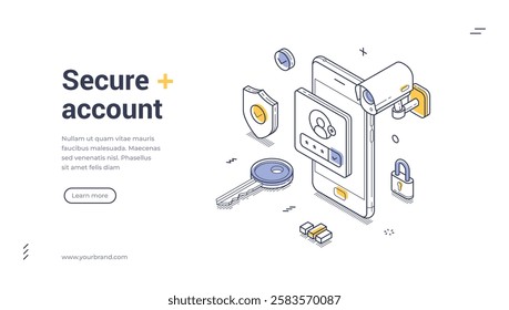Visual representation of digital security featuring a smartphone, surveillance camera, security icons, and keys. Modern technology and safety measures. Isometric line art web banner