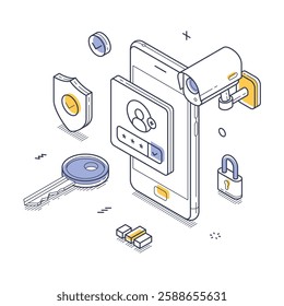 Visual representation of digital security featuring a smartphone, surveillance camera, security icons, and keys. Modern technology and safety measures. Isometric line art vector illustration