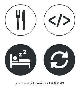 a visual representation displaying four isolated circular icons depicting dining coding sleep and a circular arrow symbol high quality professional detailed