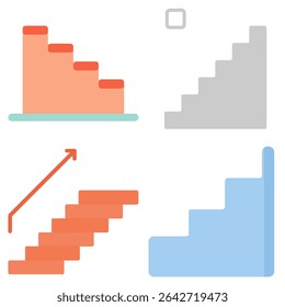 Visual representation of diverse emergency stair designs. Each design features unique colors and shapes, illustrating safety features for quick evacuation in buildings.