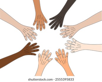 A visual representation of diverse hands coming together in a circle, collaboration, symbolizing unity and inclusion.