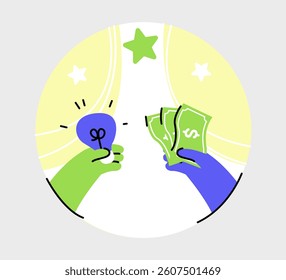 A visual representation of exchanging a bright idea for monetary compensation, symbolizing innovation and commercial viability.