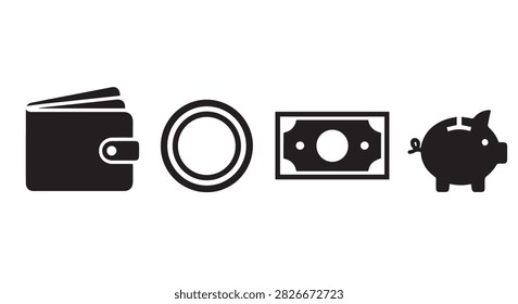 A visual representation of financial management featuring a wallet, coin, cash, and piggy bank symbols for savings and budgeting.