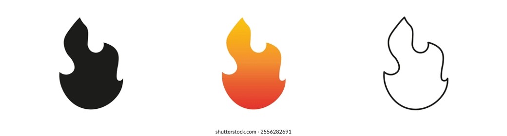 Visual representation of flame symbols in various styles. Fire icon vector set. Flame icon collection. Fire flame symbol. Black, gradient, line set