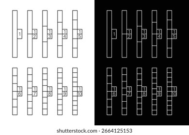 Visual Representation of Fractions with Divided Squares Black and White Vector Illustration.