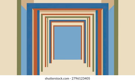 A visual representation of a geometric tunnel with a receding perspective, created by repeating rectangular frames in various colors.