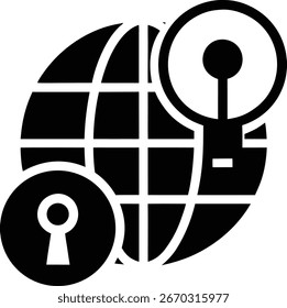 A visual representation of global data exploration and security, combining a world map, a magnifying glass for search, and a lock icon for protection.