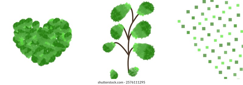 A visual representation of growth and change, from a heart-shaped cluster of leaves to a single sapling, and finally, to a scattered pattern of pixels. This abstract image symbolizes the cycle of life