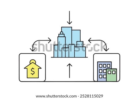 Visual representation of a house and a building, featuring arrows directed towards the right Line art doodle illustration on white background.