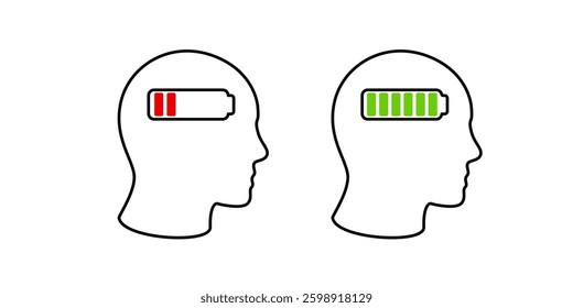 Visual representation of human energy states using red low and green high battery icons in heads.